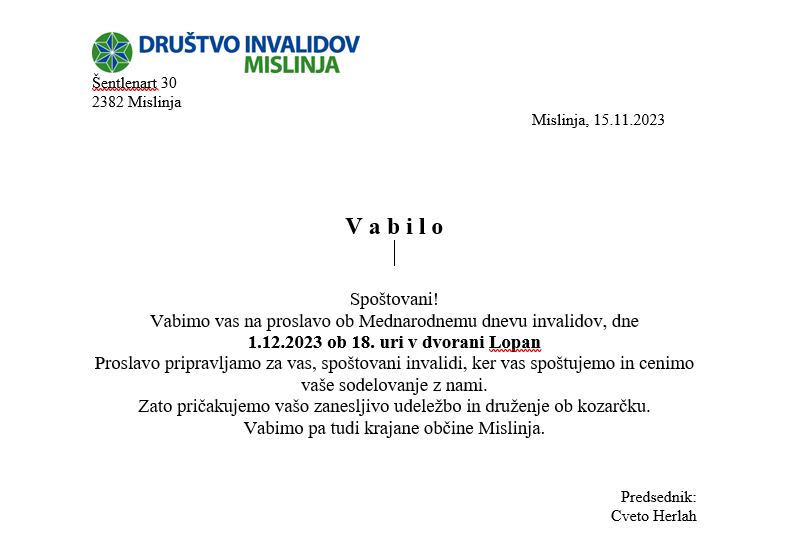 Vabilo ob Mednarodnem dnevu invalidov